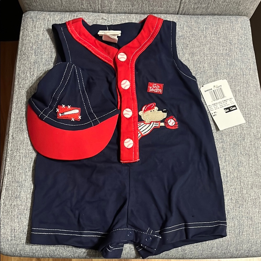Navy and Red Baby Outfit with Cap